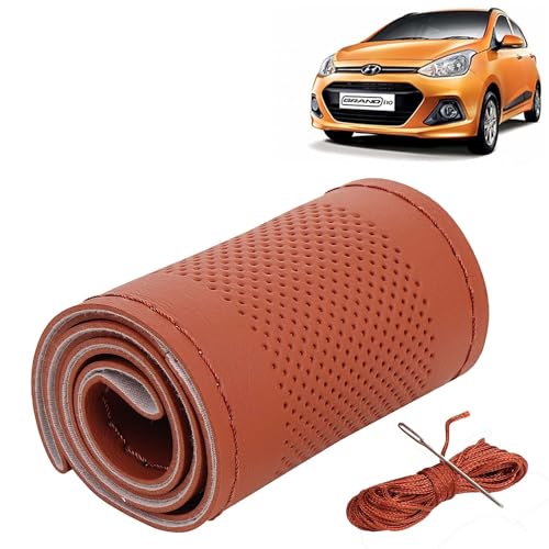 Image of KINGSWAY PU Leatherite Car Steering Cover Sewable Compatible with Hyundai Grand I10 (Year 2013-2017), Tan Color with Tan Thread, Pack of 1 with Sewing Needle and Thread
