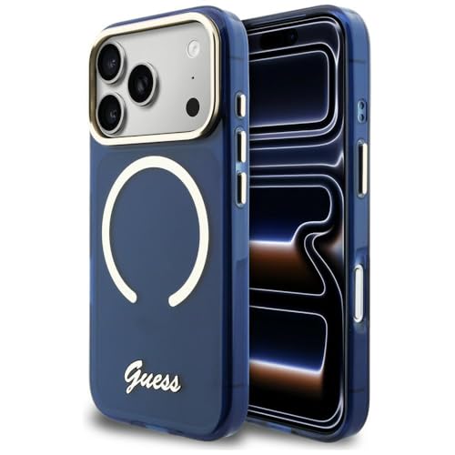 CG MOBILE Guess IML Script Metal Compatible avec MagSafe Coque pour iPhone 17 Pro Max (Bleu)