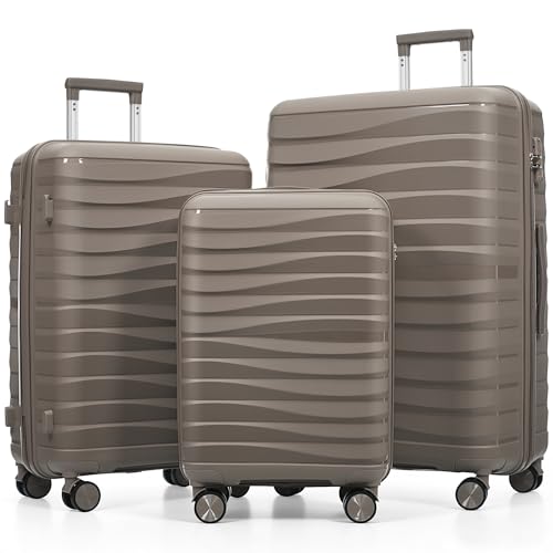Image of Hardside Luggage Sets, Lightweight Wave Suitcase with Spinner Wheels, PP Brown