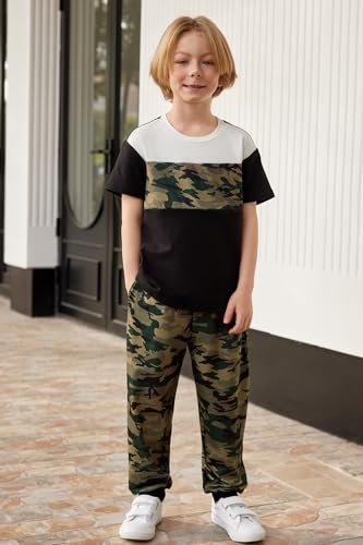 Image of Arshiner Boy's Pants Set - 2 Piece ColorBlock Short Sleeve T-Shirt and Active Pants - Casual Clothing Outfits 5-12 Years