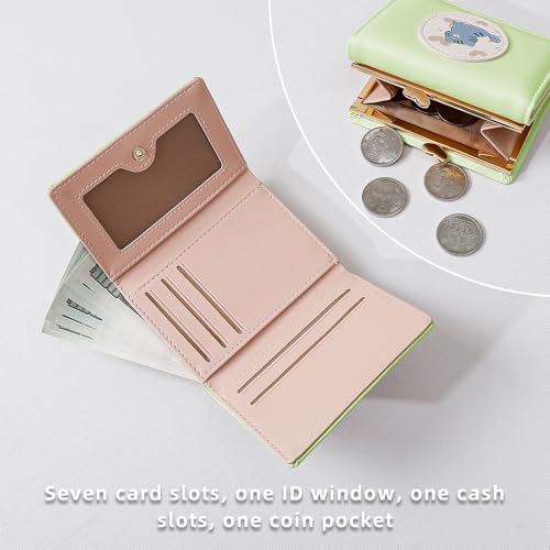 Wallet Women, Small Cute Cat Trifold Wallets Woman, Ladies Wallet with Heart Shaped Kiss-lock Coin Purse Pouch with ID Window for Card Cash Change (Green)4