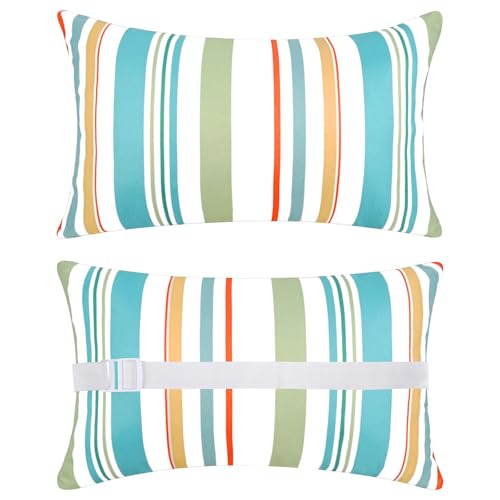 Adabana Outdoor Waterproof Pillow for Chaise Lounge Chair 2 Pack Floral Stripe Headrest Pillow Lumbar Adjustable Strap 12 x 16 Inch for Beach Poolside Patio Office Patio Garden,Stripe