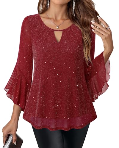 VALOLIA Womens Sparkly Tops Dressy Ruffle 3/4 Sleeve Blouses Glitter Cocktail Party Evening Shirts, Sparkly Red, Medium