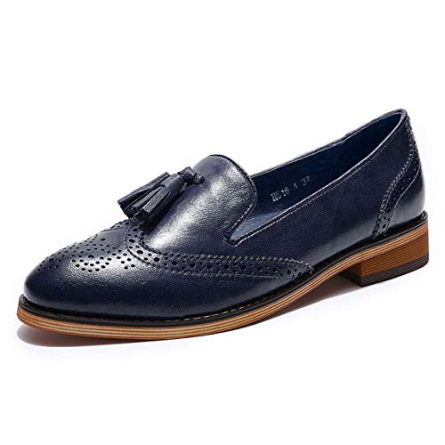 Image of Mona flying Women's Leather Tassel Loafers Slip on Brogue Flat Office Shoes