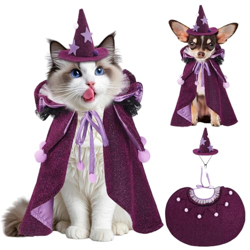 JOICEE Halloween Cat Costumes, Small Funny Purple Halloween Cat Wizard