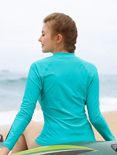 ATTRACO Rash Guard Women Zip Sun Protective Shirt Long Sleeve Swim Tops Aqua 2XL