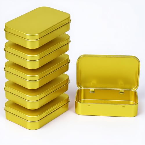 Forever bene Small Metal Tin Box with Hinged Lid 3.7 x 2.4 x 0.9 in Empty Tin Containers for DIY Organisation EDC Storage Office and Home Use (Gold 6 Pcs)