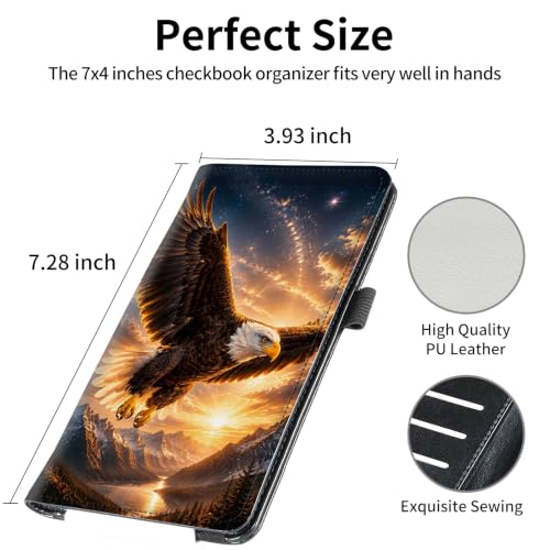 Image of FUYOCWE Bald Eagle Mountain Sunset Checkbook Cover for Men & Women | RFID Blocking Vegan Leather Checkbook Case Card Holder for Personal and Business Checks with Pen Holder & Elastic Band