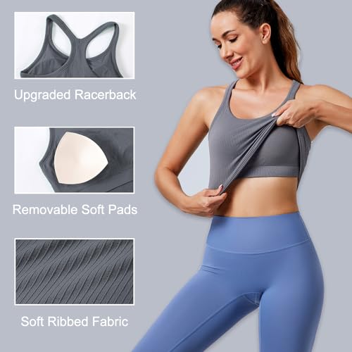 Evercute Women's 1/2/3 Pack Ribbed Workout Tank Tops with Built in Bra Racerback Seamless Crop Tank Tops Camisole Sport Tanks3
