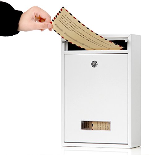 Image of Locking Mailboxes Wall Mounted Vertical - Jssmst Key Lock Mail Box Medium Capacity Galvanized Steel Cover Rust-Proof Metal Post Box, 12.6 x 8.5 x 3.4 Inch, White, SM-0604L