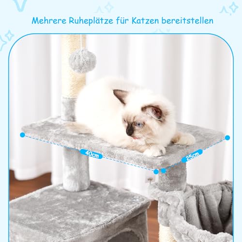 Hey-brother Kratzbaum, 108cm Indoor Katzenbaum, mehrstöckiger Katzenkratzbaum für Kätzchen, mit Kratzsäulen, Rampe, Körbchen, geräumigem Katzenloch und hängendem Pompon-Spielzeug, Hellgrau MPJ007SW