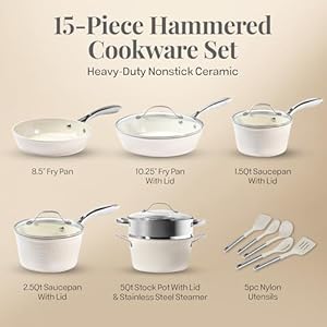 Gotham steel hammered 15 pc ceramic cookware set nonstick pots and pans set non stick for kitchen with utensils pots and pans for cooking non toxic cookware sets oven and dishwasher safe  urban country home decor