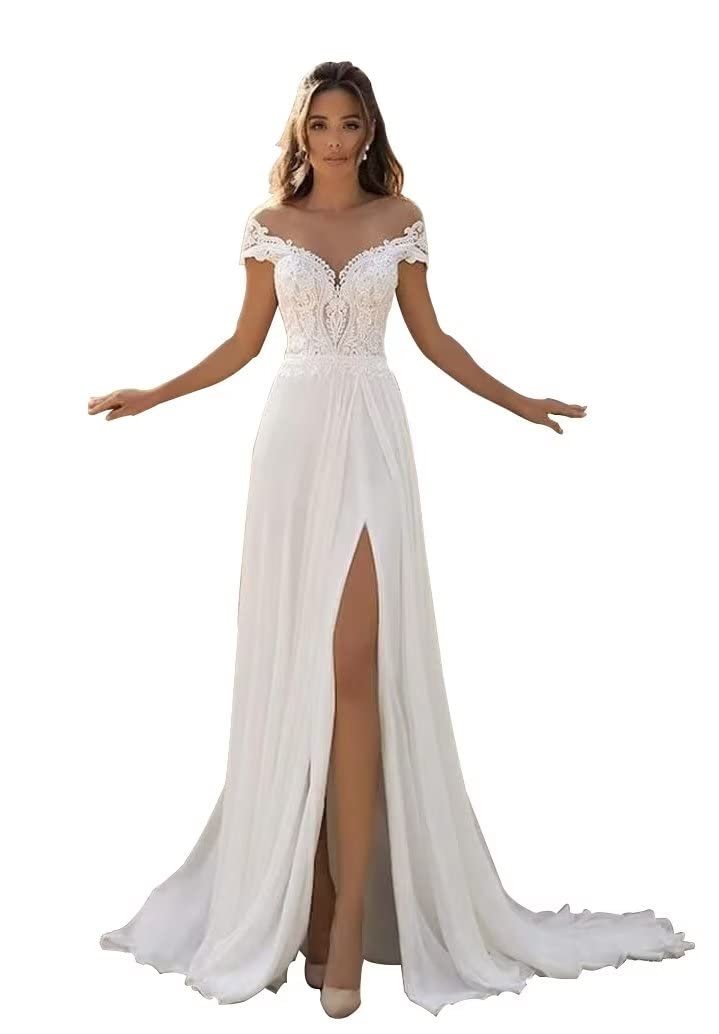 DexinyuanOff Shoulder Beach Wedding Dresses for Bride 2024 Chiffon A Line Lace Bohemian Bridal Gowns with Slit