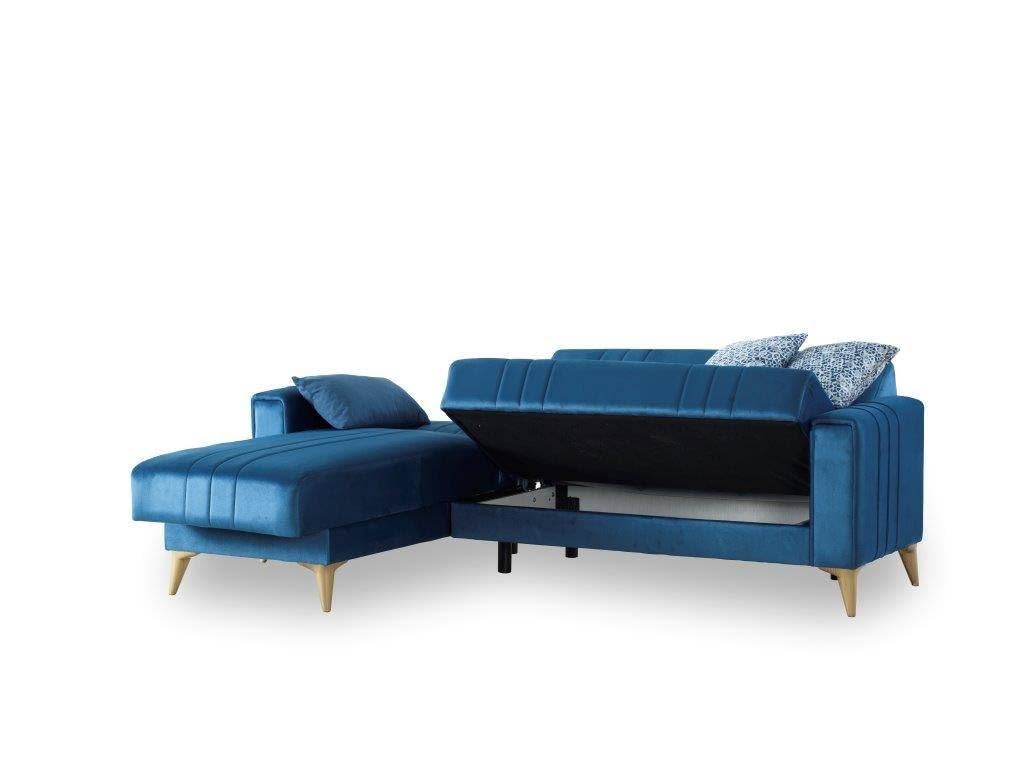 Divano Letto con penisola Miguel, Divano Contenitore ad Angolo con 3 Cuscini, Sofà in Tessuto con Apertura Click-clack, 225x151h84 cm, Blu