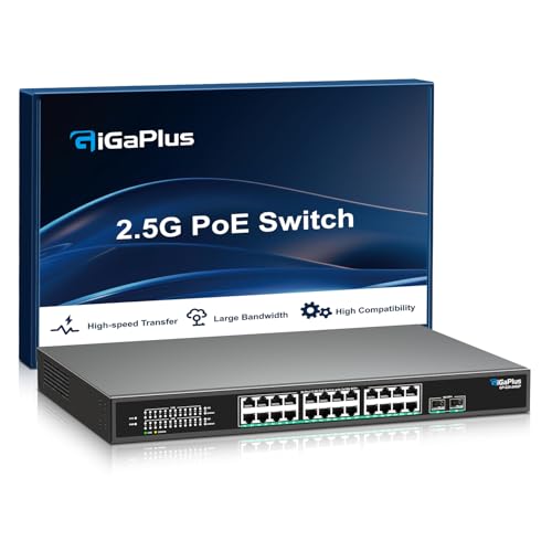 Image of 26 Port 2.5Gb Unmanaged PoE Switch with 2.5G Base-T PoE Ports and 10G SFP Uplink, 802.3af /at , 160Gbps Switching Capacity, GigaPlus 2.5G PoE Switch for 2.5G NAS /PC, WiFi6 Router, Wireless AP