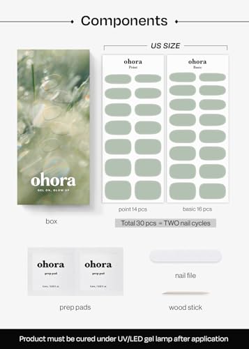 Image of ohora Semi Cured Gel Nail Strips (N Dewy Mint) - Green, Solid, Works with Any UV /LED Lamps, Salon-Quality, Long Lasting, Easy to Apply & Remove - Includes 2 Prep Pads, Nail File & Wooden Stick