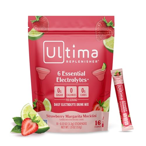 Image of Ultima Replenisher Daily Electrolyte Powder - Strawberry Margarita, 16 Stickpacks - Zero Sugar Hydration Packets with 6 Key Electrolytes and Trace Minerals - Sugar Free & Keto Friendly Drink Mix
