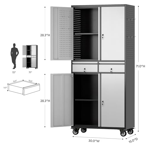 Image of Metal Garage Storage Cabinet with 2 Drawers and 2 Adjustable Shelves, Locking Rolling Tool Storage Cabinet with Wheels and Pegboard for Garage, Home, Black and Silvery