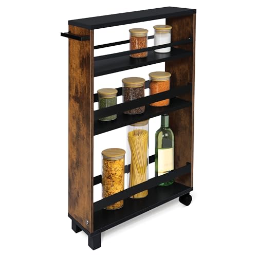 bomoe Carrito Auxiliar con Ruedas Hylla 50x79x15 cm - Mueble Auxiliar para almacenaje – Verdulero o Mesa Auxiliar con 2 Ruedas, 2 piés, 3 Compartimentos y Superficie de Madera FSC® Marrón & Negro