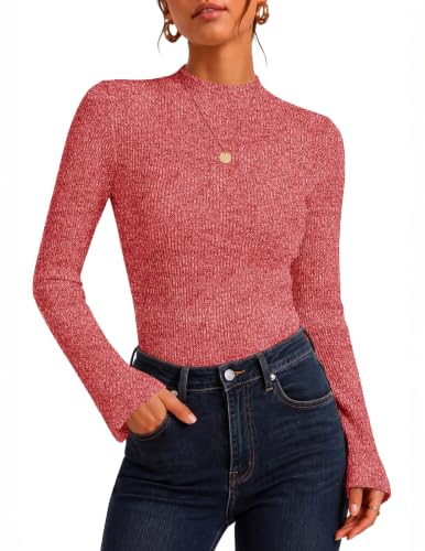 Womens Thermal Bell Sleeve Top Comfortable Mock Neck Shirt Chic Holiday Tee - image 1