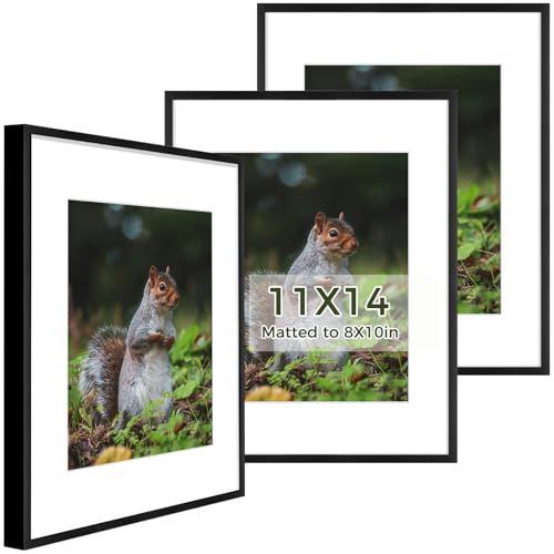Golden State Art 11x14 Picture Frame 3 Pack - Aluminum Frames with 8x10 Removable Mats & Real Glass, Display 11x14 Posters or 8x10 Photos - Black Gallery Wall Frames for Home Office Decor