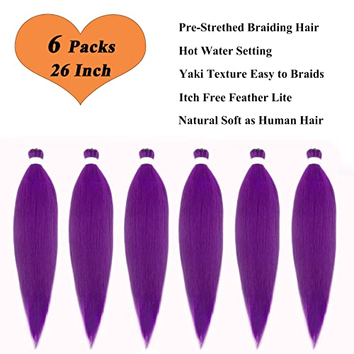 Ai Yuchen Purple Braiding Hair Pre Stretched Prestretched Braiding Hair 26Inch 6 Packs Colored Hair Extensions For Braiding Kids Micro Knotless Jumbo Box Braids Synthetic Braiding Hair #TOP2