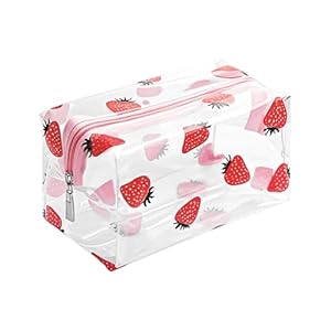 Clear Makeup Bag, Small Clear Toiletry Bag for Travel, Cosmetic Makeup Organizer Bags with Zipper, Plastic PVC Pouch Transparent Zip for Purse Reusable TSA Approved Quart Size (Strawberry)