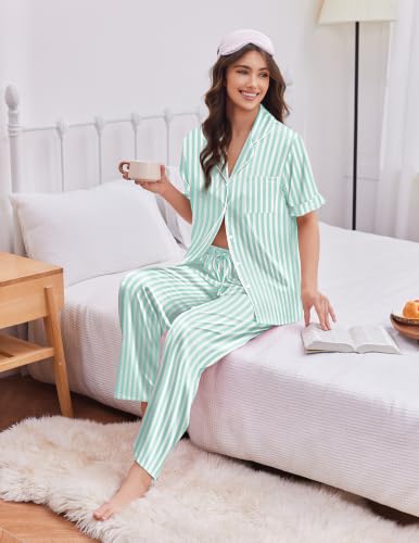 Image of Ekouaer Silk Satin Pajamas for Women Set 2 Piece Short Sleeve Button Up Pjs | Two Side Pockets,Soft Bridesmaid Lounge Set,Bridal Ruffle Sleepwear,Wedding Party,Honeymoon Vacation,Postpartum