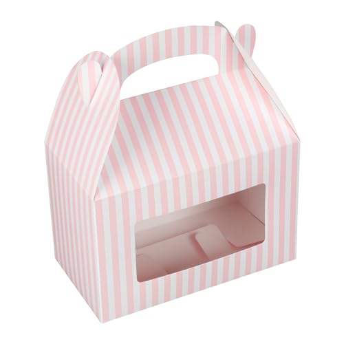 Restaurantware Gable Gift Boxes Pack of 100 Paper Treat Boxes 8.5 x 4.75 x 5.5 Inches With Window, Disposable Design Pink and White Containers for Weddings or Birthdays