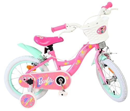 Volare Mattel Barbie Pink Kids Bike | Ideal for Age 3.5-5 | 14 Inch Wheel | 2 Handbrakes (Front & Back), Removable Stabilisers, Pedal Reflectors | Adjustable Height | Handlebar Basket | Gift for Girls