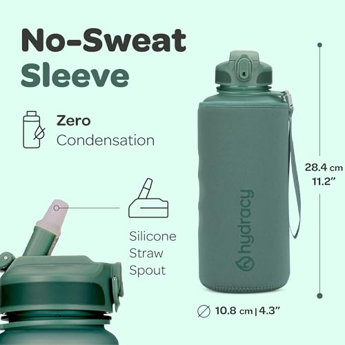 Image of Hydracy Water Bottle with Times to Drink & Straw -Large Half Gallon 64oz BPA Free Motivational Water Bottle & No Sweat Sleeve -Leak Proof Gym Bottle with Time Marker -Ideal Gift for Sports & Outdoors
