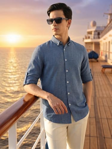 Image of Thomas Scott Men's | Solid | Textured Fabric | Full Sleeve | Slim Fit | Polyester-Blend | Spread Collar | Casual Shirt