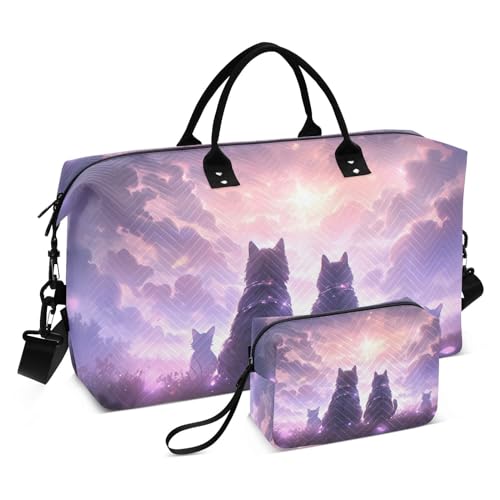 Large Travel Duffel Bag, Sky and Cats Sports Tote Gym Bag, Shoulder Weekender Overnight Bag for Women Men, Carry On Luggage with Toiletry Bags