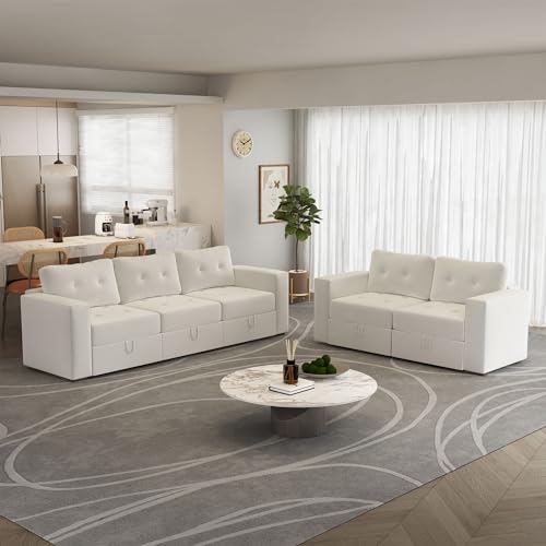 Image of QHITTY L Shaped Sectional Modular Sofa, 5 Seater Accent Couch with Hidden Extra Large Storage Space for Living Room, Beige White