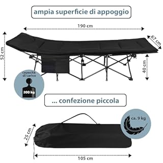 ALPIDEX Brandina Campeggio Letto Campo Pieghevole Caricabile Fino 200 kg Lettino Tenda Portatile Cuscino Leggero Borsa Trasporto, Colore:black