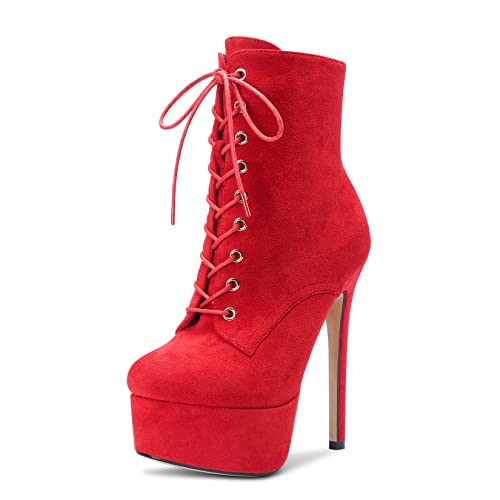Aachcol Women Lace-up Ankle Boots Platform Stiletto High Heel Dance Party Suede Short Bootie 6.5 Inch A1