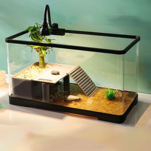 亀 水槽 大きい タートルタンク カメ用水槽 カメ生息地 亀観察飼育用 リクガメ ケージ 水槽セット 亀の水槽 水換え簡単 脱出防止素敵なデザイン (S, 黒い蓋付き)(30*20*18.5cm)