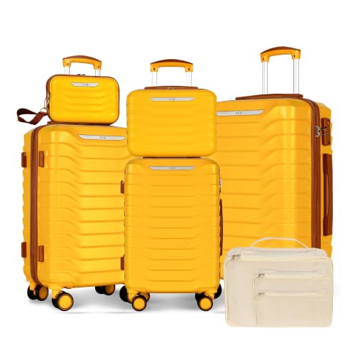 UUH 8 Piece Luggage Set Expandable Hardshell Suitcase Set with TSA Lock 14/20/24/28/8 Inch Lightweight Travel Luggage with 360 Double Spinner Wheels Carry On Suitcases for Family Travel (Yellow)