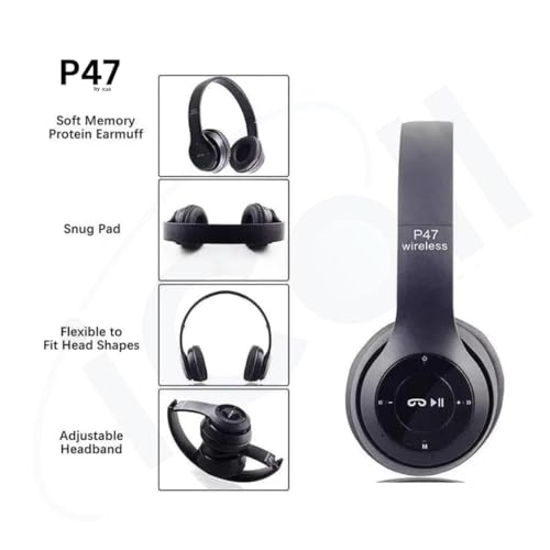 Image of icall P47 Wireless Bluetooth Headphones with Mic | Over-Ear Stereo Headset for Music, Gaming & Calls | Super Extra Bass | Ideal for Gym, Running, Travel | Bluetooth 5.0, SD Card, AUX Support (Black)