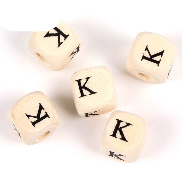 50-200 cuentas de madera natural mixta con letras del alfabeto, cuentas espaciadoras sueltas para hacer pulseras, joyas, accesorios hechos a mano, letra K de 10 mm, 200 unidades