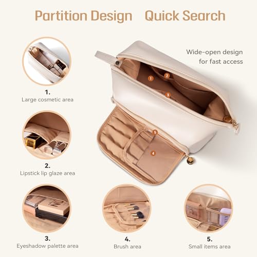 Abiudeng Makeup Bag for women,Toiletry Travel Makeup Bags Pouch with Brush Compartments, Large Portable Cosmetic Bag with Handle,Wide Open Cute Bag,PU Water-Resistant Makeup Bag-White