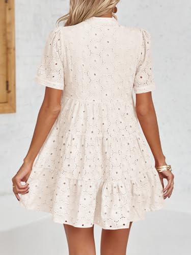 Image of Imily Bela Womens Summer Lace Dresses Eyelet Casual Flowy Babydoll Swing Short Sleeve V Neck Tunic Dress