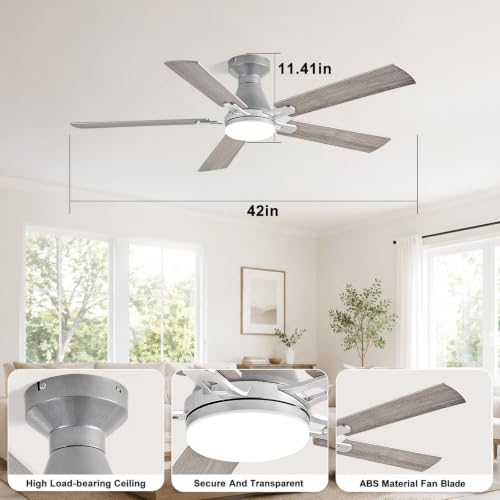 Image of Depuley Modern Ceiling Fan with Light: 42-Inch Nickel Flush Mount Fandelier | Bedroom Indoor Outdoor Use, 5 Reversible Wood Blades, 6 Fan Speeds, Timing Function, Dimmable 3CCT, Remote Control Included