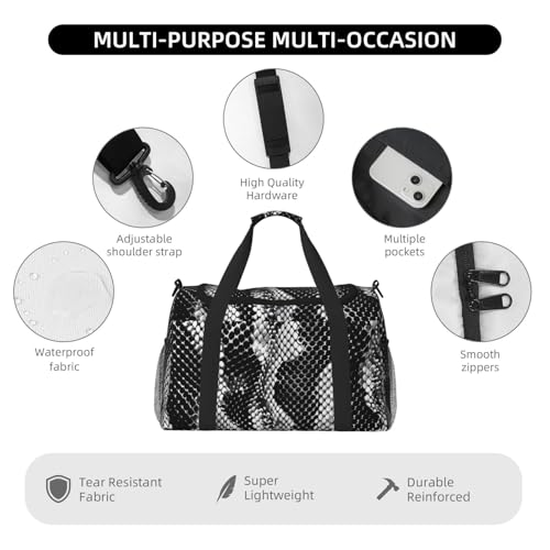 Black White Snake Skin Printed Travel Duffle Bag for Men Women Large Sport Gym Bag Handbag with Shoulder Strap for Travel Weekend Fishing Hunting4