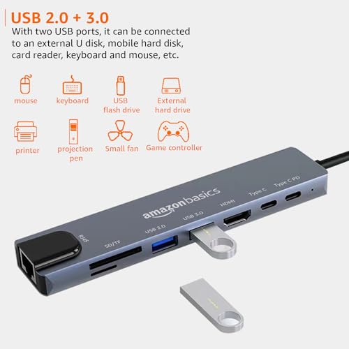 Image of Amazon Basics USB hub 3.0 for Type-c Port,8 in 1 Adapter for pc Accessories with USB-C 4K HDMI SD /TF Ethernet Adaptor HUB for Tablet PC Phone,Compatible with Laptop iPad iPhone MacBook Pro M1 M2