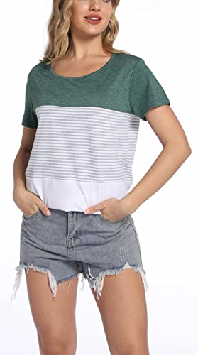 Womens Summer Color Block Striped T-Shirt Short Sleeve Loose Tunic Blouse And Tops Green #TOP2