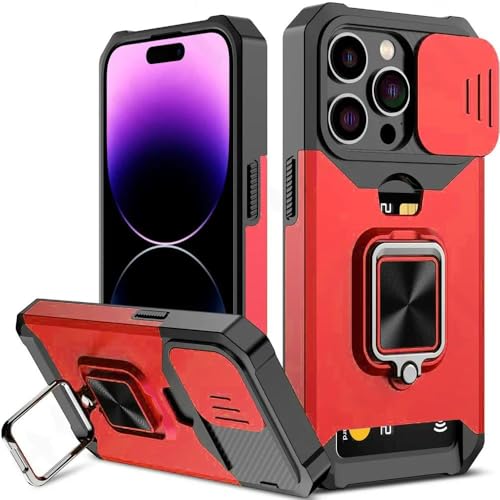 Image of LuxuryKase Shockproof Armor Case for iPhone 16 Pro | Slide Camera Cover | Hidden Card Slot | Rotating Ring Kickstand | Magnetic Car Mount Support | Military Grade Protection - Red