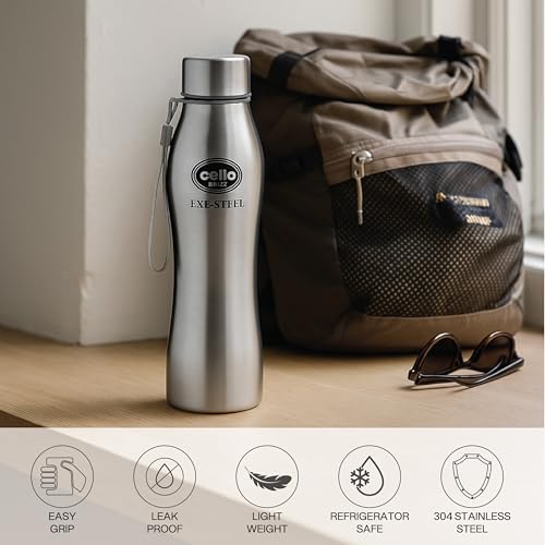 Image of CELLO Brizz 1000 Exe-Steel Stainless Steel Water Bottle 1000 ml, Silver | ISI Certified, Single Walled, Leakproof Steel Bottle | Rust & Stain Proof, Easy to Carry Loop Dishwasher Fridge Water Bottle