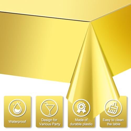 Image of 3 Pack Gold Plastic Tablecloth, Disposable Rectangle Table Covers, Holographic Metallic Foil Tablecloth Gold Party Supplies Decorations for Birthday Graduation Anniversary Bachelorette, 54x108Inch