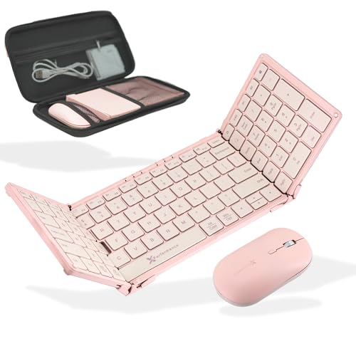 X9 Performance Foldable Keyboard and Mouse Wireless - (BT + 2.4Ghz) - Carrying Case Phone Stand Full Sized 106 Keys - Portable Travel Keyboard and Mouse Set for Laptop and Desktop - Pink